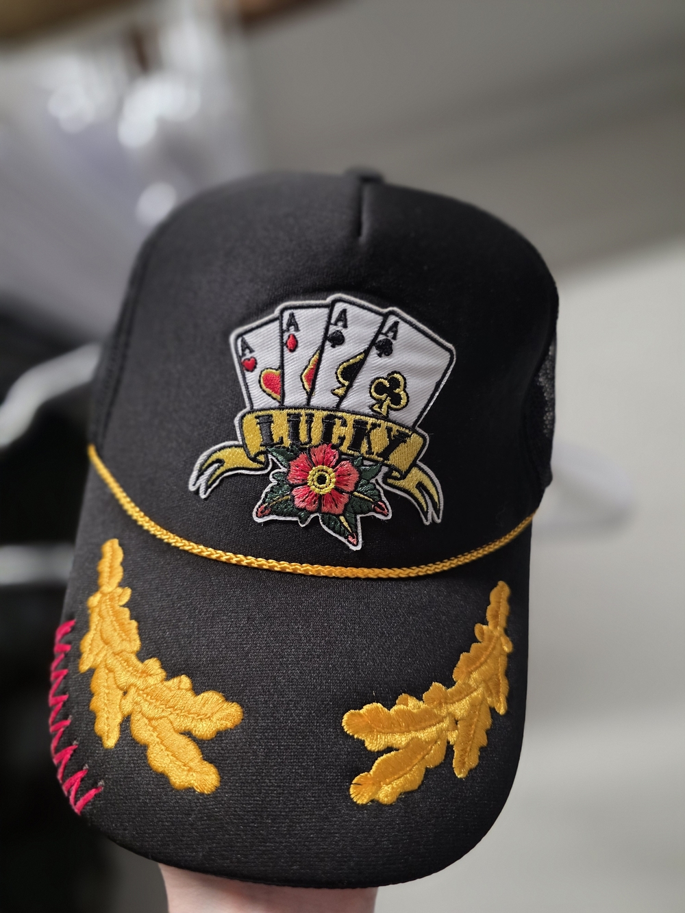 Custom Lucky Embroidered Black & Gold Trucker Hat